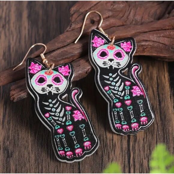 New! Day of the Dead Skeleton Halloween Glow in the Dark Cat Skeleton Dangle Ear - Picture 1 of 3